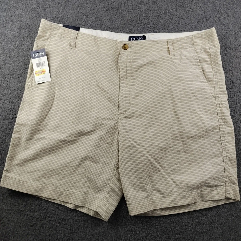 Chaps Mens Seersucker Flat Front Shorts Tan White Striped Cotton Size 42 NWT